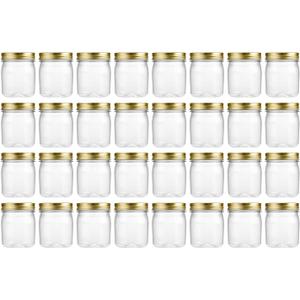 novelinks 8 oz Clear Plastic Jars with Airtight Lids, 32 Pack Plastic Mason Jars with Lids 8oz, Refillable Storage Slime Containers & Small Spice Jar for Kitchen Organization (32 Pack,Gold)