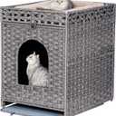 Snughome Cat Litter Box Enclosure Furniture Hidden with Cat Litter Mat, Hidden Cat Washroom Furniture with Door, Handwoven Rattan Cat Washroom Box, Indoor Pet House for Living Room, Bedroom(Grey)