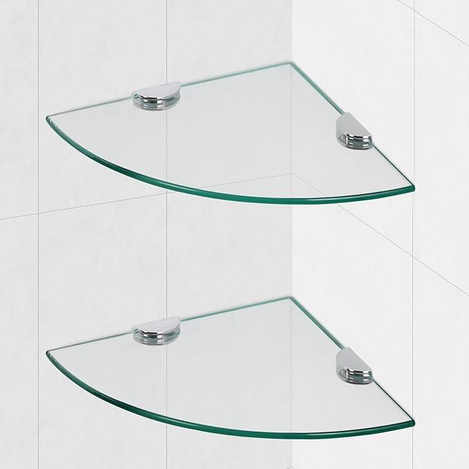 Glass Corner Shower Shelves, Tempered Floating Glass Shelves Wall Mount, Shower Caddy Organizer, Bathroom Corner Shelf with Zinc Alloy Brackets for Bathroom, Kitchen, Living Room, 9.8" x 9.8", 2 Pack