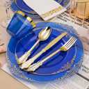 Bestluck 350PCS Clear Blue Plastic Plates for 50 Guests, Disposable Plates with Gold Trim include 50 Dinner and Dessert Plates, 150 Gold Silverware, 50 Cups, 50 Napkins for Party, Wedding & Graduation