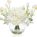 WELL KNOWN Artificial Flowers for Table Decoration Silk Hydrangea Flowers with Vase Fake Flower Arrangements in Round Bowl Vase with Faux Water for Summer Spring (White)