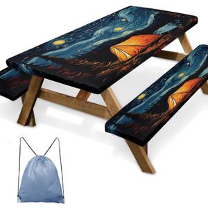 Picnic Table Cover with Bench Covers Elastic Edges, Art Camper Fitted Table Cover, Outdoor Patio Camping Essentials 72 Inch 3PCS, Waterproof Camping Fitted Tablecloth with Drawstring Bag