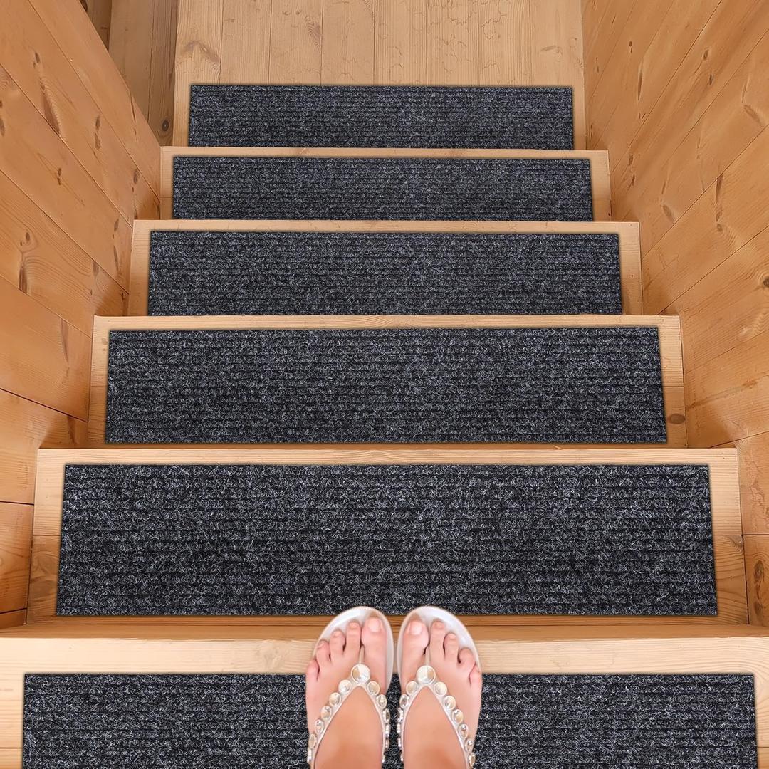 Ottomanson Non-Slip Rubberback Solid 8" x 30" Indoor/Outdoor Stair Treads for Stairs, Garage, Patio, 14 Pack, Black