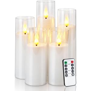 Amagic Pure White Acrylic Flameless Candles, Battery Operated Candles, Flickering LED Pillar Candles with Remote Control and Timer, Warm Yellow Light, D2.2 xH5 5" 6" 7" 8", Set of 5