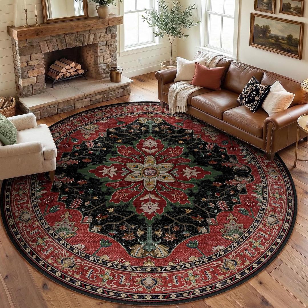 RELEANY Area Rugs Round 8ft Washable Non-Slip, Floral Vintage Distress Medallion Carpet for Living Room Bedroom Dining Room, Red Black