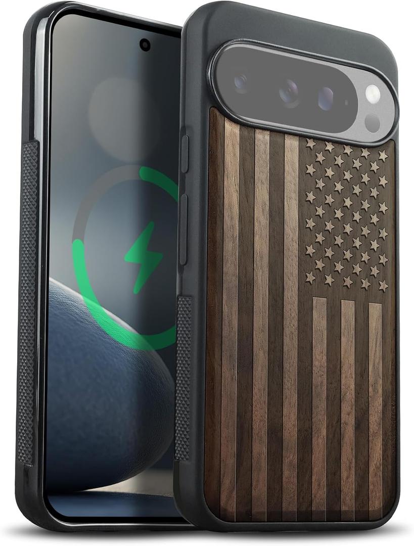 Carveit Magnetic Wooden Case for Google Pixel 10 Pro XL Case, Wood Artisan Engraved & Soft TPU Shockproof Cover, Compatible with MagSafe Wireless Chargers (The Classic American Flag) Walnut