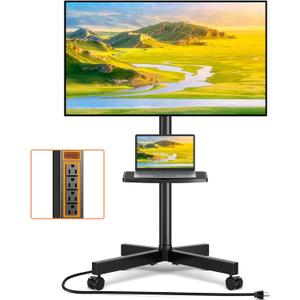 TVON Mobile TV Stand with Power Outlet, Tilt Rolling TV Cart for 23-65 Inch LCD LED OLED Flat Curved Screen TVs up to 88 lbs, Height Adjustment Portable TV Stand on Wheels, Max VESA 400x400mm