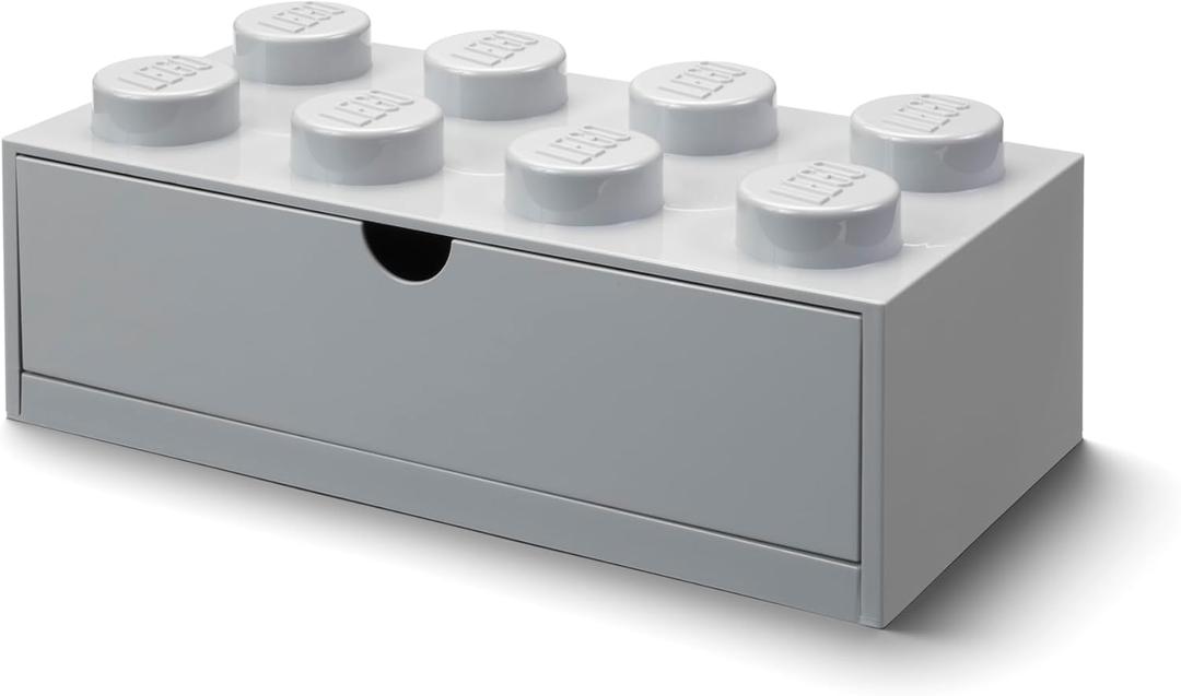 ROOM Copenhagen Lego Storage Brick 8 Desk Drawer, 8-Stud Stackable Tabletop Storage Box, 12.4 x 6.2 x 4.4 in, Stone Grey
