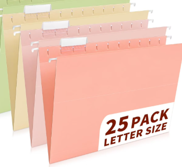 STAPLES Hanging File Folders - Letter Size, 1/5-Cut Tab, Assorted Colors, with Adjustable Tabs, Includes Paper Inserts, 25-Pack for Home & Office
