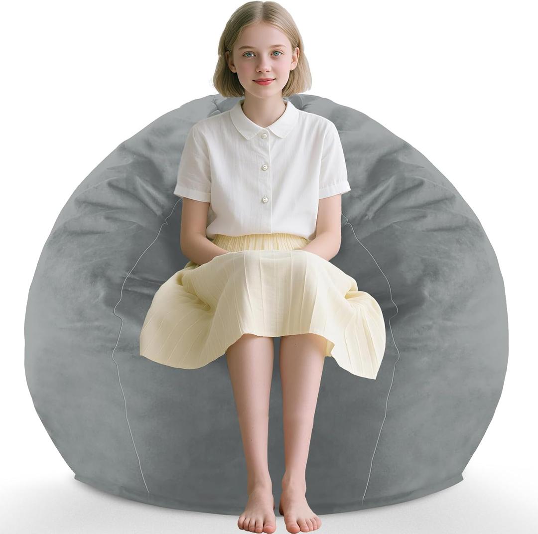 2FT Bean Bag Chair, Comfy Bean Bag Chairs with Memory Foam Filled, Fluffy Beanbag Sofa with Dutch Velvet Cover, Teardrop BeanBag Chairs for Living Room, Playroom - Light Grey (2FT-28"x28"x22")