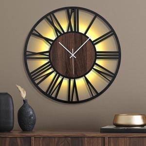 24 Inch Large Metal Wall Clock with Voice and Light Sensor Night Light, Glow in The Dark Non-Ticking Silent Battery Operated Decorative Oversized Wall Clock for Bedroom Living Room Decor (Dark Brown - Roman Numbers)