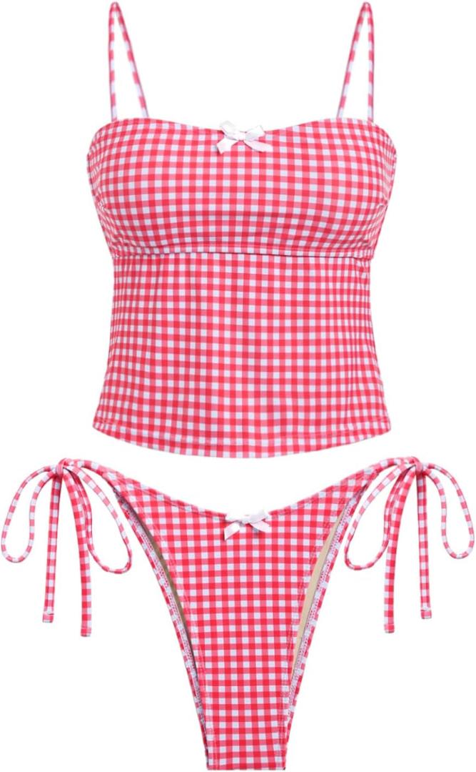 seamoly Women's Tankini Sets Sexy Open Back Two Piece Swimsuit High Cut Side Tie Thong Bathing Suit Floral Gingham Bikini