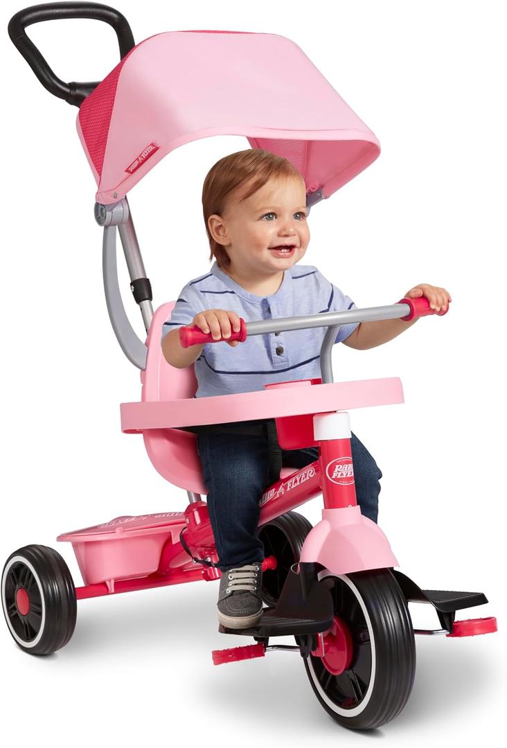 Radio Flyer 4-in-1 Pedal & Push Stroll 'N Trike, Ages 1-5, Toddler Tricycle & Stroller, High-Density Foam Tires, Parent Push Handle, UV Canopy, Removable Tray, Headrest & Seatbelt, Stroller Tricycle, Large