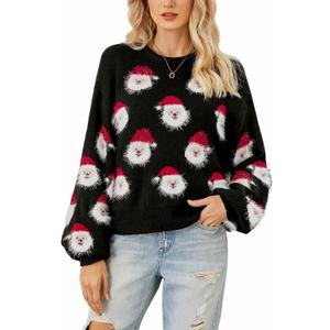 Gihuo Women's Ugly Christmas Sweater Cute Santa Funny Xmas Holiday Knitted Pullover Crewneck Sweater Tops (Large, Black)