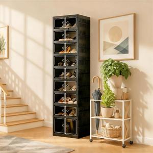 Foldable Shoe Organizer Storage Box, Portable Extra Large Folding Shoe Rack for Closet, Shoe Storage Box with Magnetic Transparent Door and Wheels, 9 Layers 18 Grids with 2 Big Grids