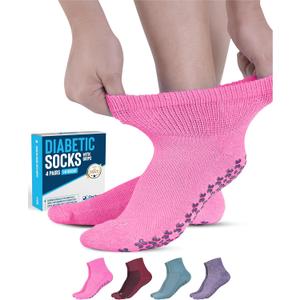 Doctor's Select Diabetic Ankle Socks with Grippers for Men and Women - 4 Pair 1/4 Length Neuropathy Socks for Women (Large)