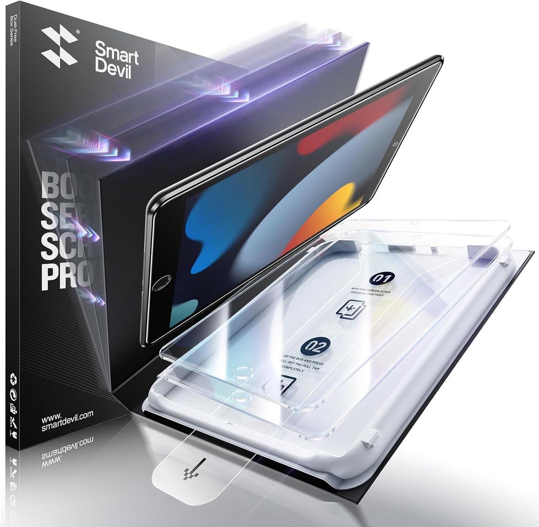 SMARTDEVIL 2 Pack Screen Protector for iPad 9th 8th 7th Generation 10.2 Inch (2021/2020/2019) with Easy Installation Frame, 9H Clear Tempered Glass Film, Anti-Shatter, Bubble Free,Dust-Free Box
