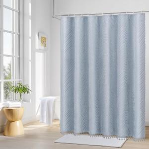 Boho Long Shower Curtain, 72 x 78, Elegant Tufted Striped Leaf Textured Shower Curtain, Soft Privacy Protect with 12 Hooks, Machine Washable, Fog Blue