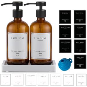 Amber Glass Soap Dispenser - Dish Hand Soap Dispenser for Kitchen, Bathroom Soap Lotion Dispenser with Pump, Refillable Liquid Soap Pump Dispenser Set with Tray, Amber Bottle/Black Pump-pd