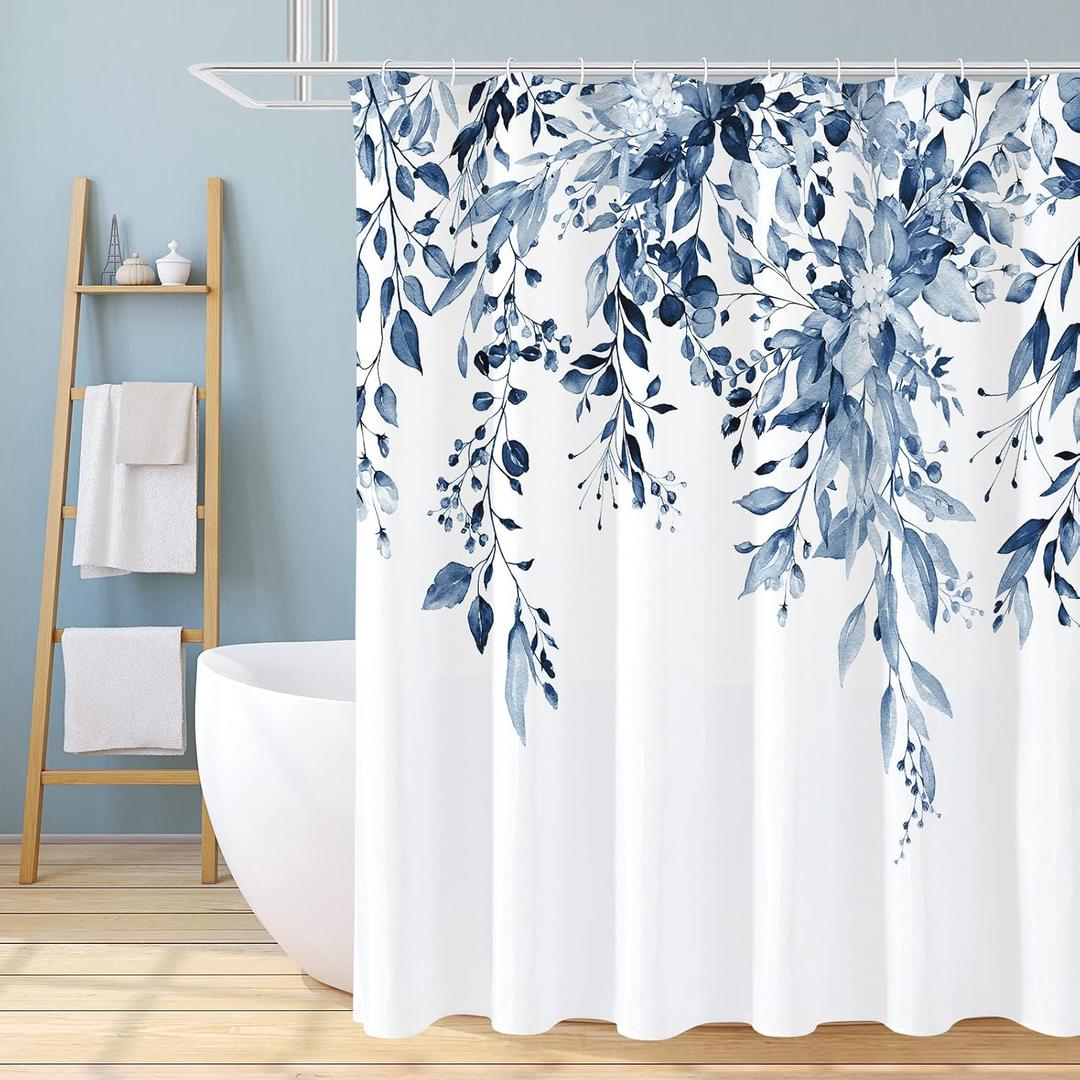 Gibelle Navy Blue Eucalyptus Shower Curtain, Watercolor Plant Leaves with Floral Bathroom Shower Curtain Set, 72x72