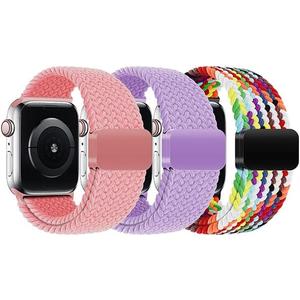 3 Pack Braided Magnetic Clasp Bands for Kids Apple Watch 38/40/41/42/44/45/46mm, Elastic Stretchy Strap Compatible with iWatch Series 11 10 9 8 7 6 5 4 3 2 1 SE3 SE2 SE Girls Boys Small Wrist (Pink+Lavender+Rainbow)