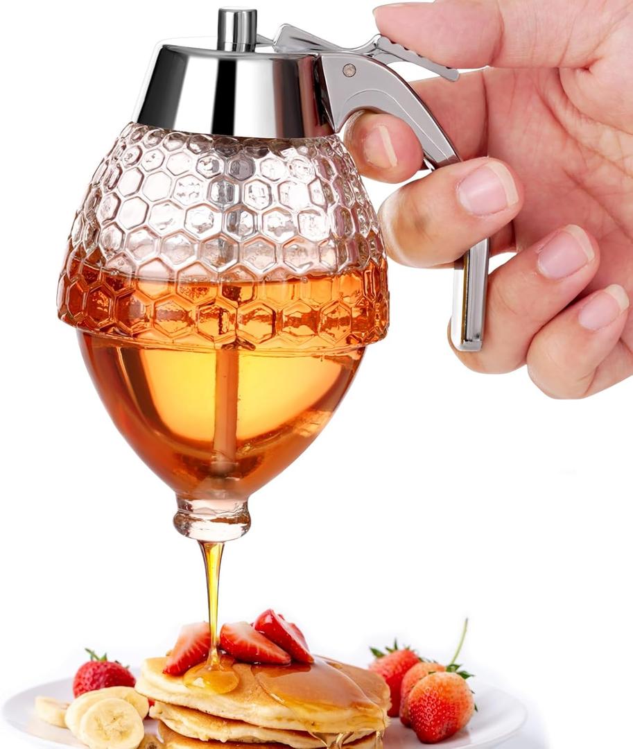 Honey Dispenser, 8oz Honey Dispenser No Drip Glass with Stand, Honey Container & Coffee Syrup Dispenser for Tea Time & Gifting, Elegant Honeycomb Honey Jar - Honey Pot Bottle for Maple Syrup Bee (Silver)