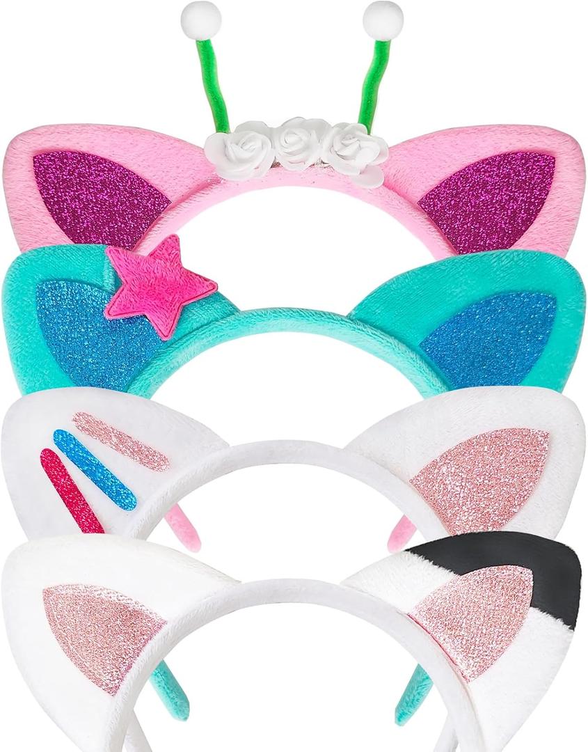 Cat Ears Headband,4 Pcs Party Decorations Headbands,Plush Soft Ears for Women Halloween Hair Accessories Hair Hoops Costume