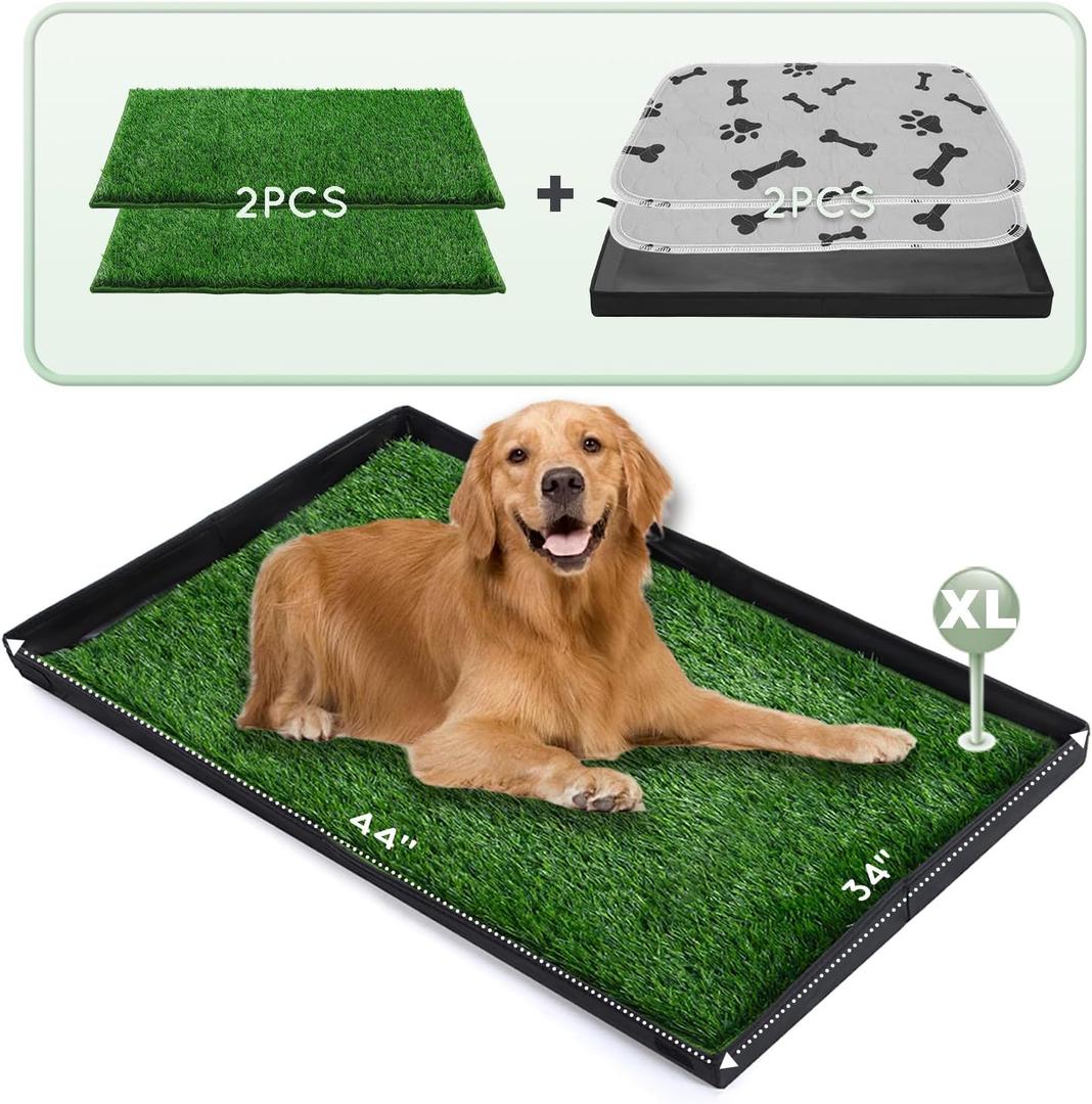 Dog Grass Pad with Foldable Dog Litter Box,Extra Large Liner Base for Balcony Ultra-Absorbent Artificial Grass Pads for Dogs Pee Pad Holder, Potty Training, 2 PCS Reusable Pee Pad