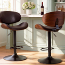 DUMOS Swivel Bar Stools Set of 2, Adjustable Counter Height Bentwood BarStools, PU Leather Upholstery Bar Chair with Ergonomic Back and Footrest, Counter Stools for Bar, Home Kitchen Island, Brown