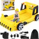 Yellow Excavator Inflatable Kids Bed, Toddler Travel Bed with Safety Bumper and Air Mattress Portable Air Mattress with Pump for Kids Vacation Hotel Home Sleepover Birthday Gift