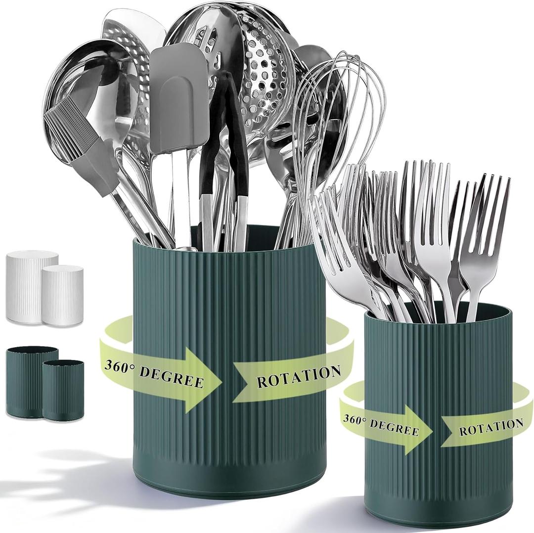 HOMQUEN 360 Rotating Utensil Holder, 6.3''+4.7'' Plastic Kitchen Utensil Holder for Countertop, Large Cooking Utensil Crocks for Kitchen Decor, Utensil Organizer for Spatula, Set of 2 (Green)