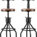 LOKKHAN Set of 2 Rustic Industrial Bar Stool-24-30 Tall Adjustable Metal Swivel Wooden Top Barstools-Counter Height Bar Height-Vintage Farmhouse Kitchen Breakfast Cafe Stool-with Backrest (Brown Seat Top/Black Base)