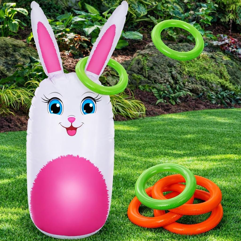 ArtCreativity 34" Easter Games Bunny Inflatable Ring Toss with 6 Rings, Easter Games for Kids - Weighted Bottom to Keep Rabbit Upright - Family Outdoor Easter Party Games for Kids and Adults