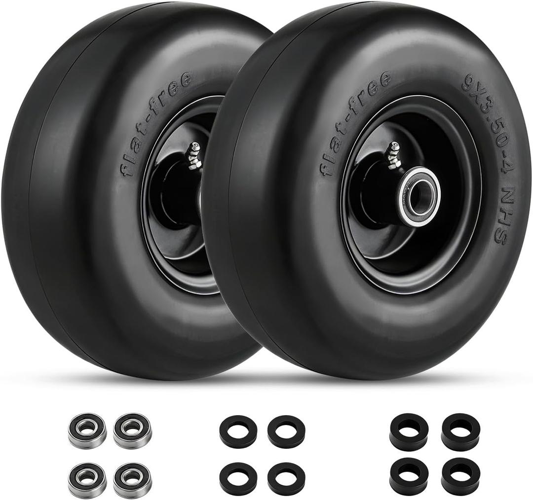 GarveeLife 2 Pack 9x3.5-4 Flat Free Lawn Mower Tire and Wheel, 267 LBS Load,9x3.50-4 Lawn Mower Tires with 3/4" extra 5/8" Bushings for Push Mowers, Garden Carts, Hand Trucks