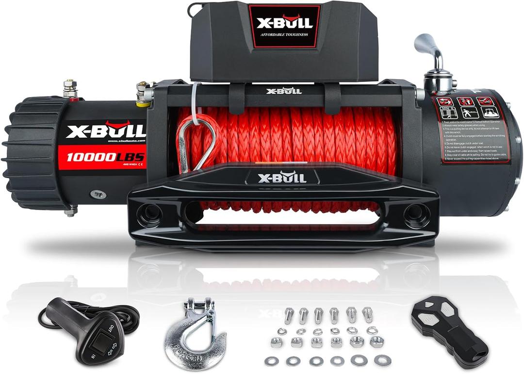 X-BULL Winch 10000 lb. Load Capacity Electric Winch Kit 12V Synthetic Rope,Waterproof Electric Winch with Hawse Fairlead, with Wireless Handheld Remote and Corded Control Recovery