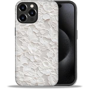 DAIZAG Case for iPhone 16 Pro,White Floral Lace Full-Body Design Hybrid Dual Protection Soft TPU Hard PC Shockproof Scratch-Resistant Protective Cover Phone Case for Men Women