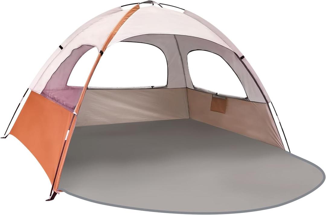 NXONE Beach Tent Sun Shade Shelter for 3/4/6 Person Person with UV Protection, Extended Floor, 3 Mesh Roll Up Windows & 8.0/8.5mm Fiberglass RodsCarry Bag Included (Orange White)