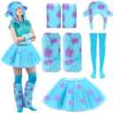 5 Pcs Halloween Blue Furry Monster Costume Accessories Set Purple Polka Dot Tutu Skirt Fur Leg Warmers Furry Gloves Monster Hats and Thigh-high Socks for Halloween Movie Character Cosplay Party