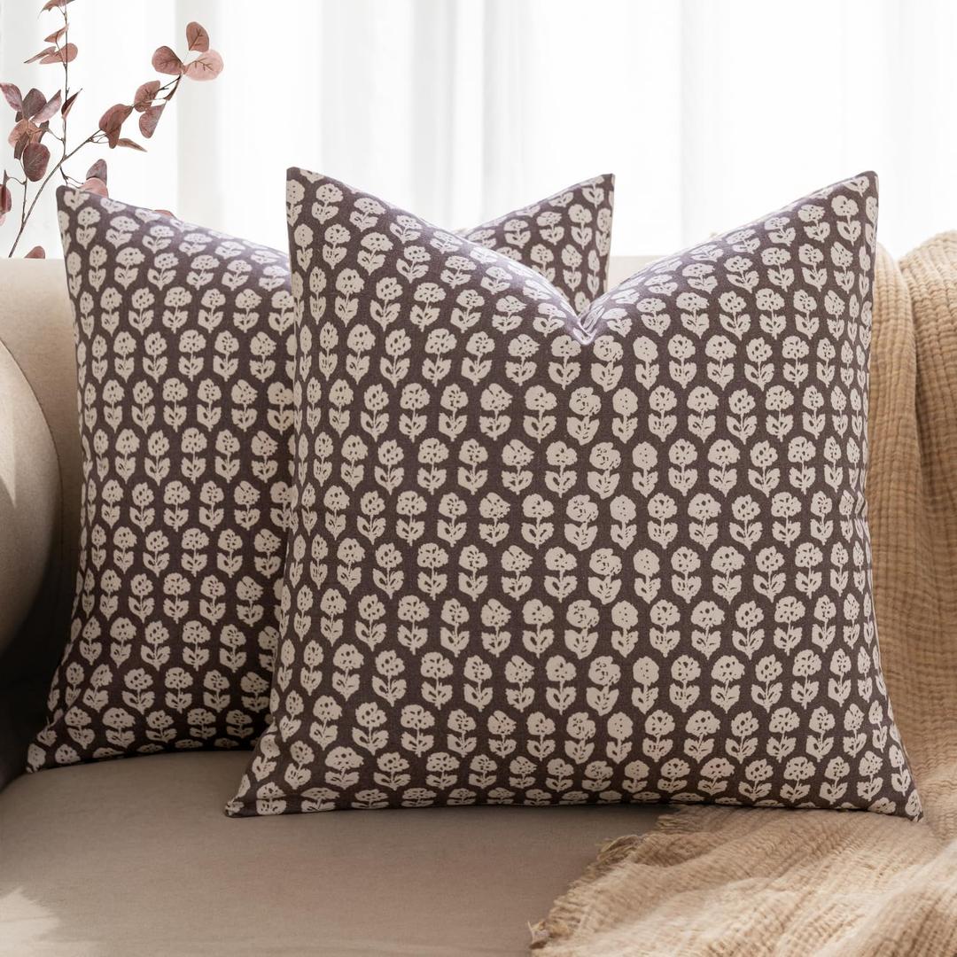 MIULEE Block Print Pillow Covers 18x18 Inch Set of 2, Vintage Floral Throw Pillow Cases Neutral Linen Farmhouse Cushion Covers for Couch Sofa Bed Chair Living Room, Brown