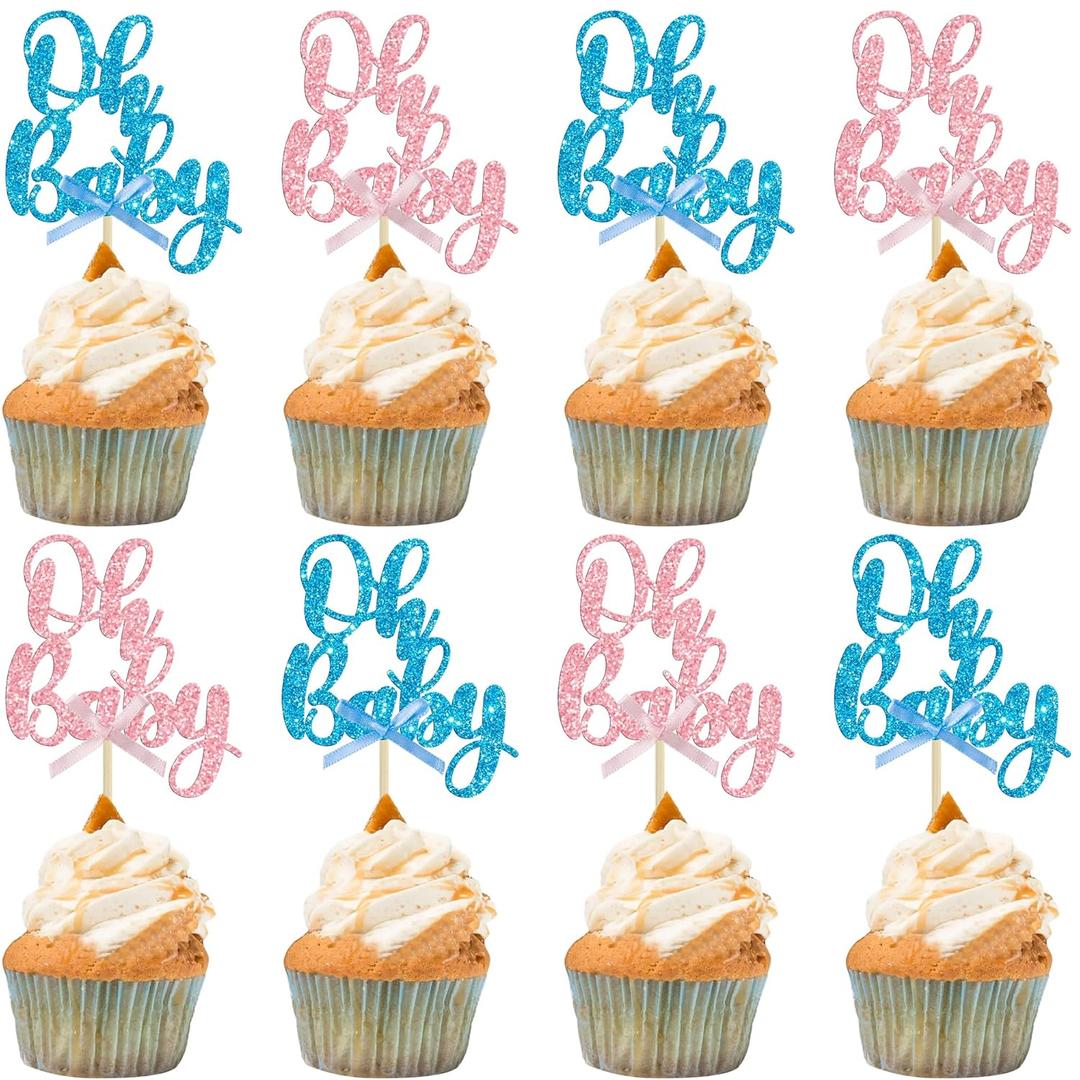 Gyufise 36Pcs Oh Baby Cupcake Toppers Pink Blue Bow Glitter Baby Shower Gender Reveal Cupcake Picks for Boy or Girl Theme Baby Shower Kids Birthday Party Cake Decorations Supplies