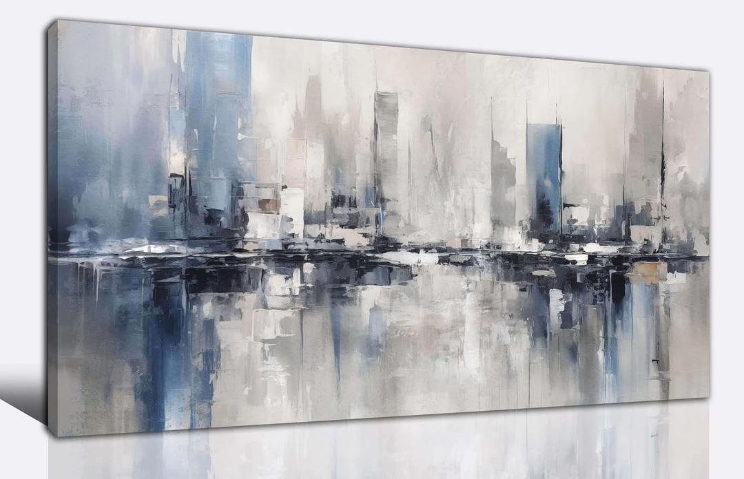 Large Abstract Wall Art for Living Room Wall Art for Living Room Bedroom Office Bathroom Kitchen Modern Canvas Artwork Decor Minimalist Artwork Canvas Wall Art Blue White and Grey Pictures 20"x 40"