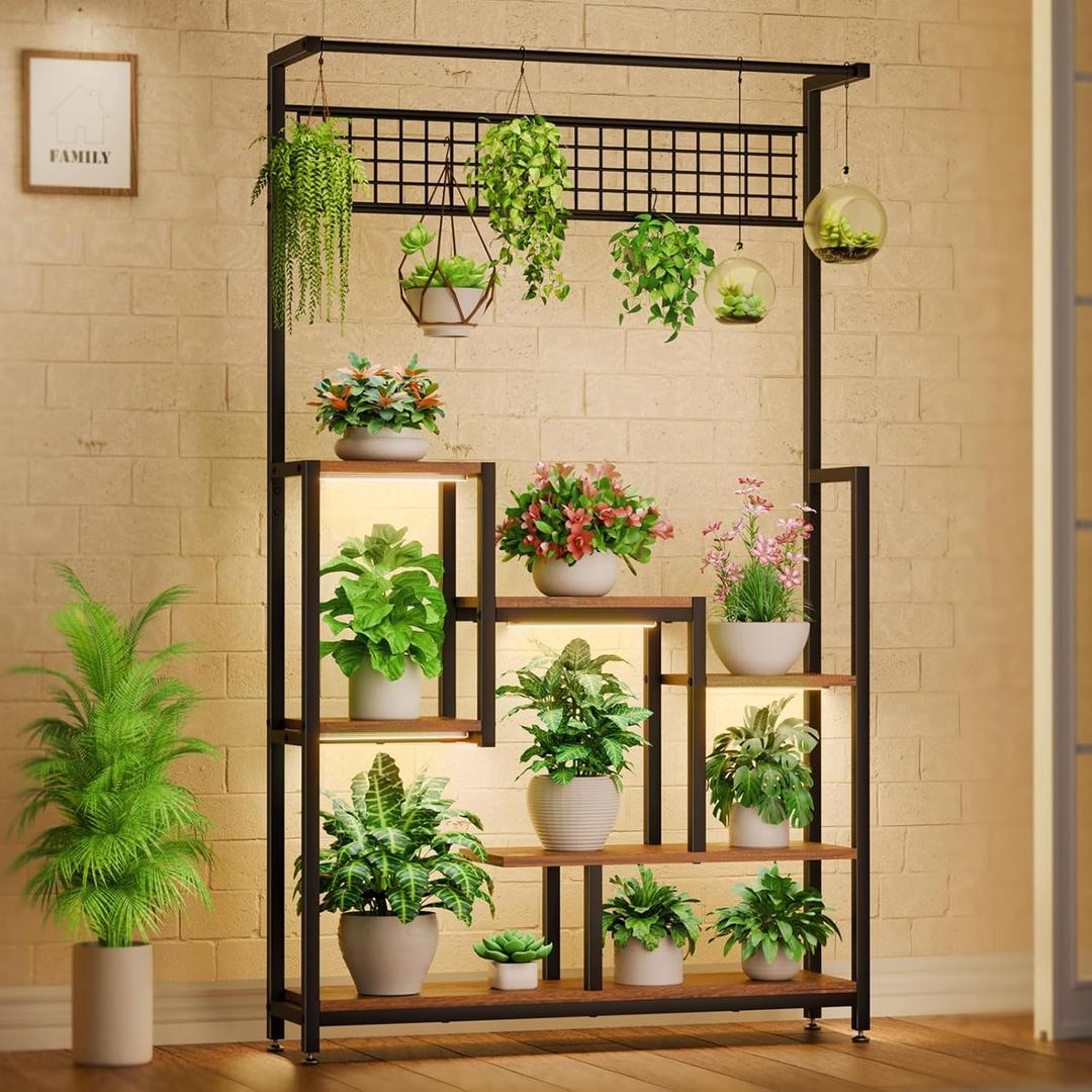 BACEKOLL Tall Plant Stand Indoor with Grow Lights, 6 Tiered Large Plant Shelf, Corner Metal Display Rack, Square Lighted Flower Holder for Living Room, Patio (Black)