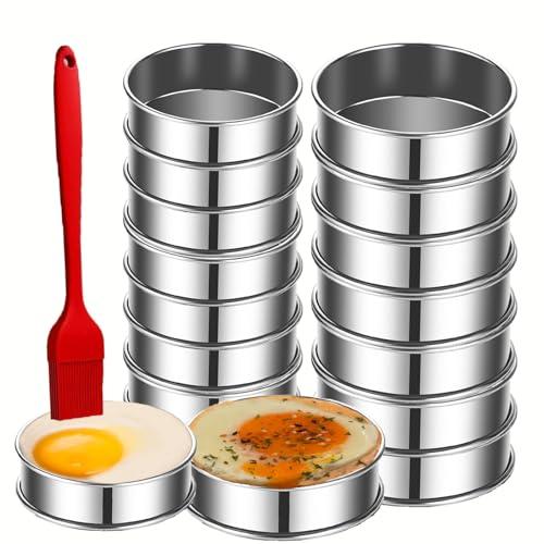 16Packs English Muffin Rings Crumpet Rings 4 inch Stainless Steel Double Rolled Tart Rings 4 inch & 3.15 inch, Round Metal Cooking Pastry Ring Molds For Cookies, Pancakes,