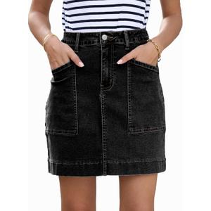 Sidefeel Women's Jean Skirt High Waisted Stretch Casual Summer Zimbaplatinum Denim Skirt with Pockets (Medium, Black)
