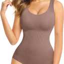 Nebility Womens' Waist Trainer Seamless Round Neck Tummy Control Shapewear Bodysuit (Medium/Large, Brown)