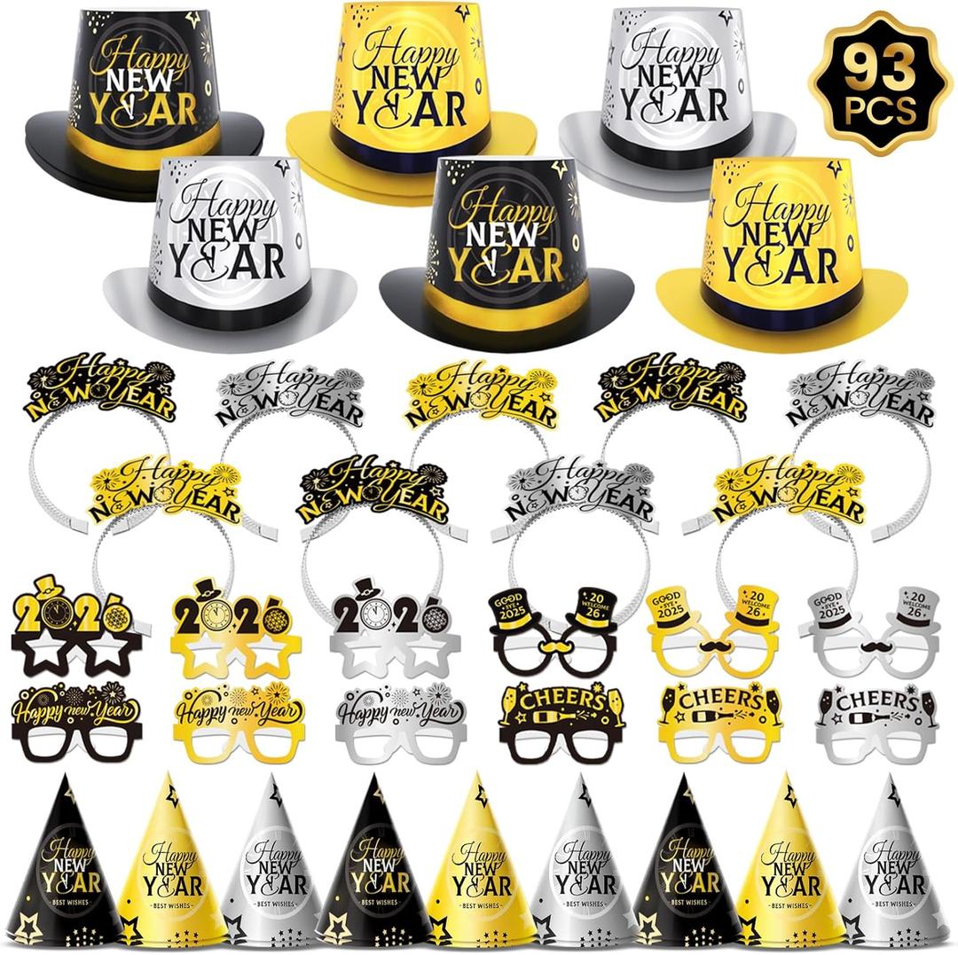 93PCS New Year's Eve Party Supplies 2026 for 48 Guests, Happy New Year's Decorations Party Favors Includes Top Hats, Tiaras, Glasses Accessories for Adults Nye Decorations 2026