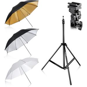 Neewer Flash Mount Three Umbrellas Kit 33"/84cm White Soft/Silver Reflective/Gold Reflective Umbrella for Canon 430EX II,580EX II,Nikon SB600 SB800,Yongnuo YN 560,YN 565,Neewer TT560,TT680