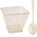 I00000 100 Pack Small Plastic Dessert Cups with Mini Spoons Gold Glitter, Premium Quality, Includes 100 Pieces Small Disposable Square Cups 2 Oz and 100 Pieces Gold Mini Spoons