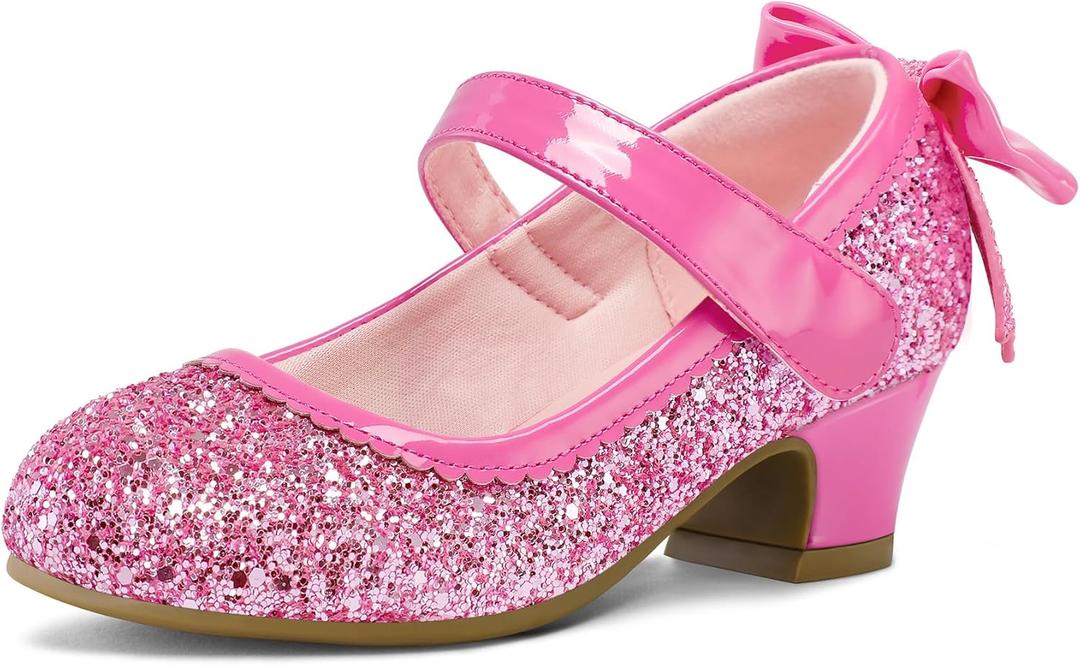 K KomForme Girls Dress Shoes Glitter Mary Jane Pumps with Bow, Low Heel Party Wedding Princess Shoes , 1