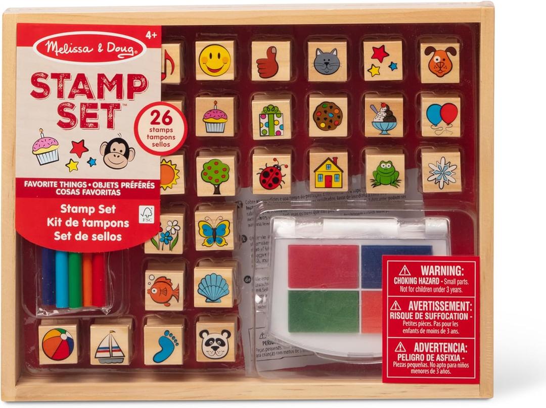 Melissa & Doug Wooden Stamp Set, Favorite Things - 26 Wooden Stamps, 4-Color Stamp Pad